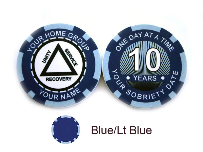 10 year sobriety chip in Blue/Lt Blue, front and back