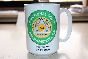 Custom 15 oz ceramic AA group coffee mug with green