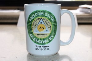 Custom 15 oz ceramic AA group coffee mug with text