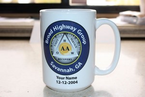 Custom 15 oz ceramic AA group coffee mug with text