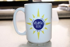 Custom 15 oz ceramic convention coffee mug with logo