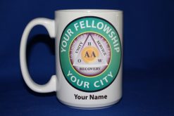 Custom 15 oz ceramic AA group coffee mug with green