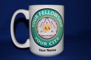 Custom 15 oz ceramic AA group coffee mug with green