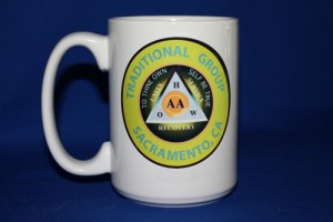 Custom 15 oz ceramic AA group coffee mug with yellow