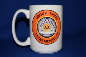 Custom 15 oz ceramic AA group coffee mug with orange