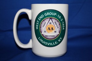 Custom 15 oz ceramic AA group coffee mug with green
