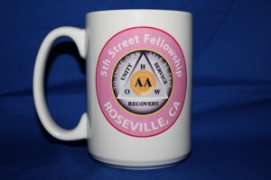 Custom 15 oz ceramic AA group coffee mug with pink