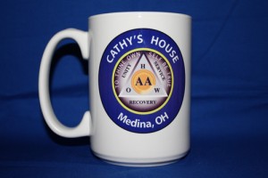 Custom 15 oz ceramic AA group coffee mug with blue