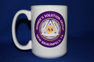 Custom 15 oz ceramic AA group coffee mug with purple