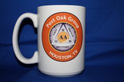 Custom 15 oz ceramic AA group coffee mug with orange