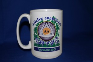 Custom 15 oz ceramic AA group coffee mug forTwelve Coconuts Waikiki AA Group
