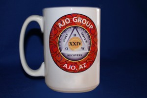 Custom 15 oz ceramic AA group coffee mug with red